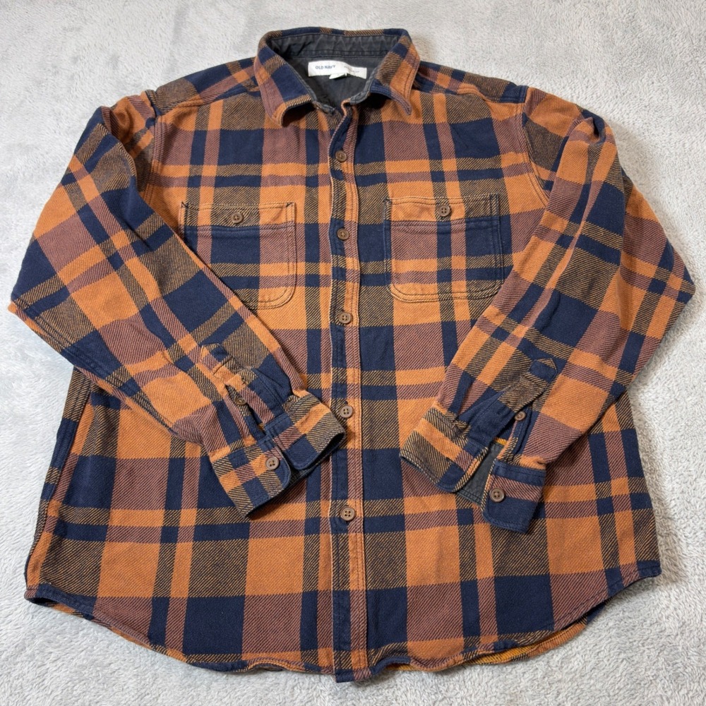 Old Navy Flannel Shirt Mens XL Orange Navy Blue Plaid Regular Fit 100% Cotton